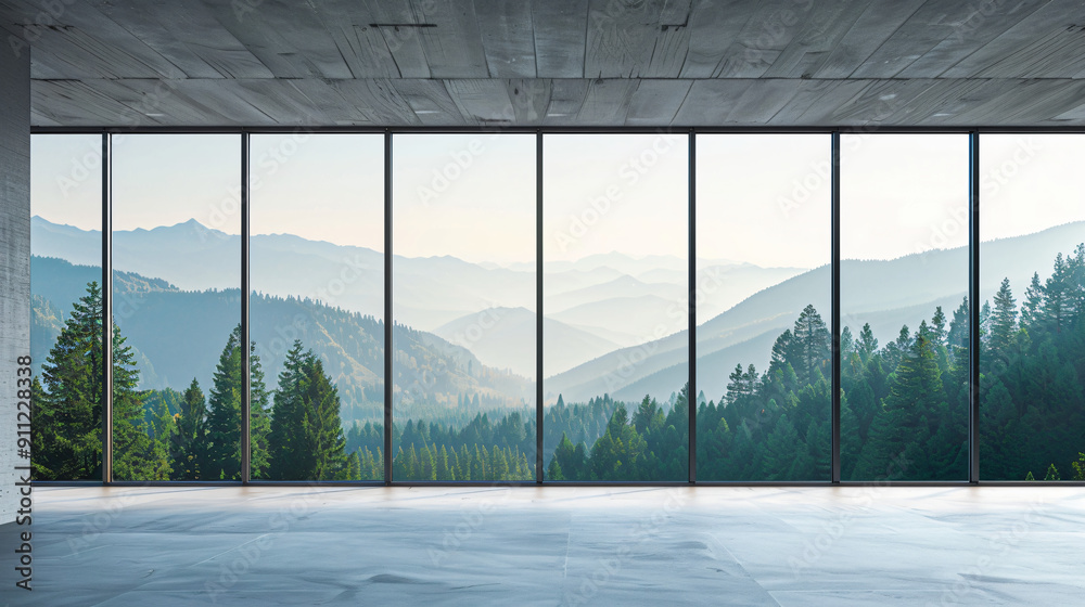 Poster Empty room with concrete floor and large windows is showing a green forest and mountains in the background
