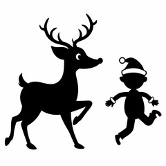 Silhouette of running Deer and cute Christmas vector illustration 