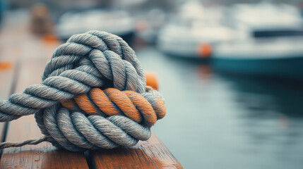 Fototapeta premium A detailed view of a wetly knotted orange and gray rope resting on a wooden dock, symbolizing marine themes, craftsmanship, and weather resilience, with a blurred background.