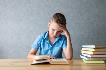 Young Boy Concentrating on Reading Books at Desk. World Dyslexia Awareness Day