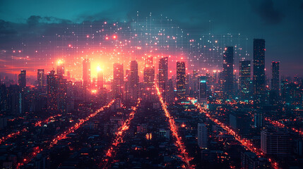 Fototapeta premium Neon Cityscape, vibrant urban skyline illuminated by sunset hues, digital overlays creating an impression of futuristic connectivity amidst bustling streets.