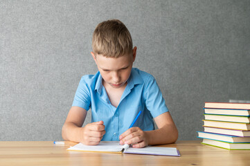 Focused Boy Studying with Stack of Books on Desk. International Dysgraphia Awareness Day