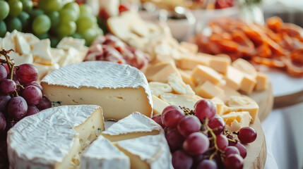 A delectable cheese platter featuring a variety of cheeses, fresh grapes, and charcuterie, arranged tastefully on a wooden board for an elegant presentation.