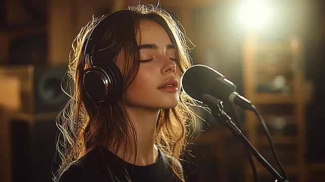 Captivated by Sound, a young woman immersed in music, wearing headphones, lost in emotion while singing into a microphone in a cozy recording studio setting.