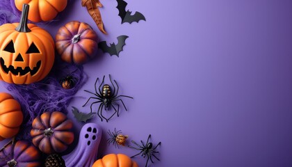 Colorful Halloween Decorations Featuring Pumpkins, Spiders, and Bats on Purple Background