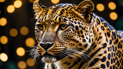 Obraz premium Portrait of a leopard on an abstract background with bokeh 
