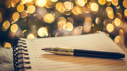 A blank notebook and pen with a warm bokeh background evoke a nostalgic and cozy feeling perfect for holiday-themed projects. 
