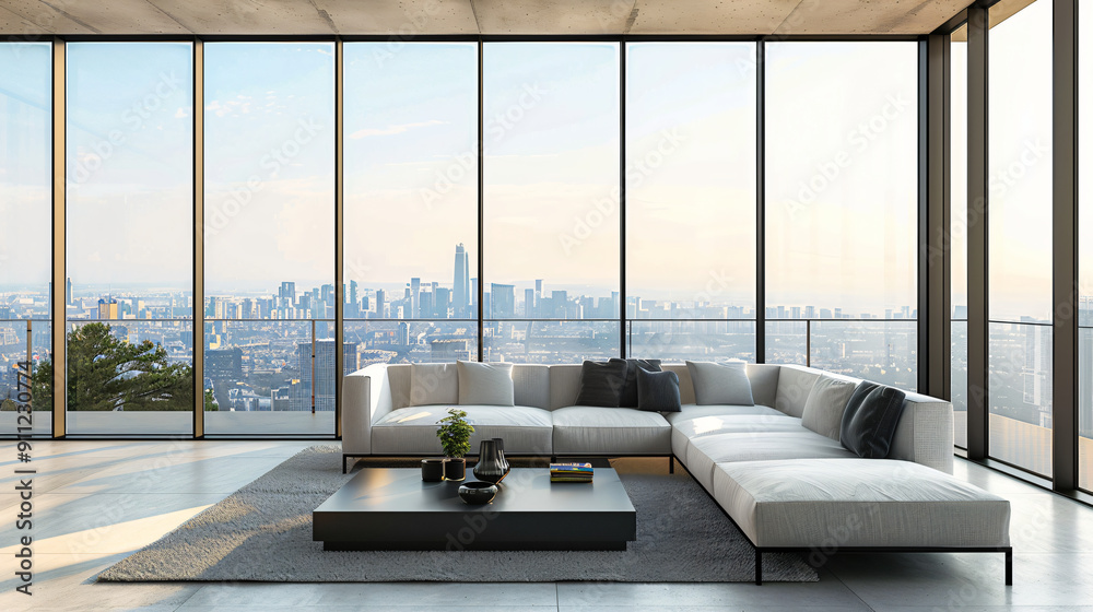 Canvas Prints Modern and spacious living room featuring large windows with stunning city skyline views at sunset