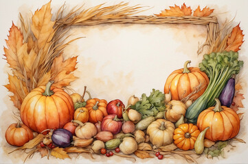 Autumn banner made of pumpkins, leaves and vegetables on a white background with copy space.