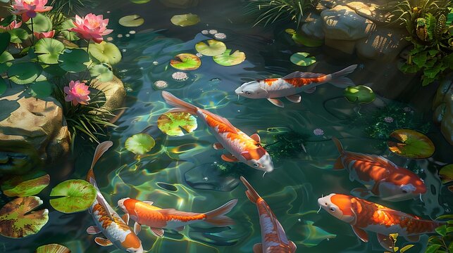 Vibrant koi fish swimming in clear pond with floating lily pads blooming lotus flowers for peaceful garden tranquility nature beauty aquatic scenery design concept.