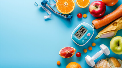Glucometer with sugar level healthy food dumbbells and fresh fruits,copy space,blue background.