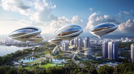 Fototapeta premium Floating architecture takes center stage in this futuristic cityscape, where buildings hover effortlessly above the ground. These advanced structures are supported by anti-gravity technology,