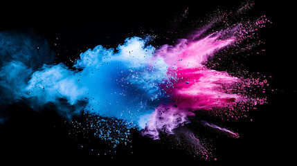 Abstract blue and pink powder explosion on black background, perfect for vibrant and energetic designs. 
