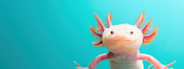 Fototapeta premium Curious pink leucistic axolotl swimming in an aquarium against a vibrant turquoise background.