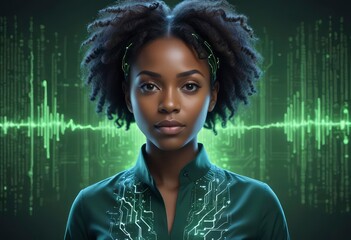 black woman female IT specialist face with artificial intelligence green virtual code, ai