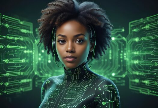 black woman female IT specialist face with artificial intelligence green virtual code, ai - Powered by Adobe
