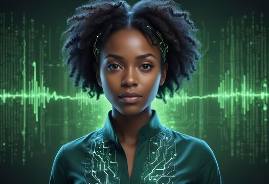 black woman female IT specialist face with artificial intelligence green virtual code, ai