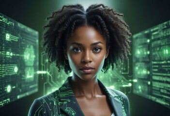 black woman female IT specialist face with artificial intelligence green virtual code, ai