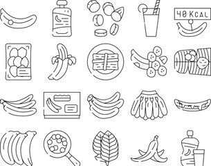 banana fruit food yellow white icons set vector. peel bunch, ripe fresh sweet, tropical healthy, green organic raw snack slice, delicious banana fruit food yellow white black contour illustrations