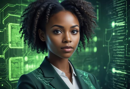 black woman female IT specialist face with artificial intelligence green virtual code, ai