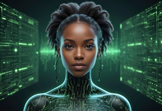 black woman female IT specialist face with artificial intelligence green virtual code, ai