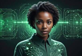 black woman female IT specialist face with artificial intelligence green virtual code, ai