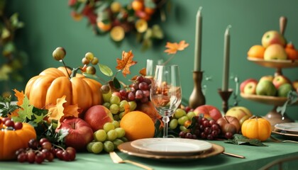 Festive Autumn Harvest Table Arrangement With Fresh Fruits and Decorative Elements in Warm Tones