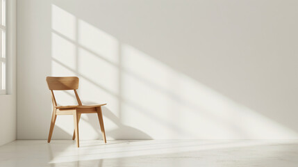 Fototapeta premium Simple white room with wooden chair and sunlight creating geometric shadows on the wall