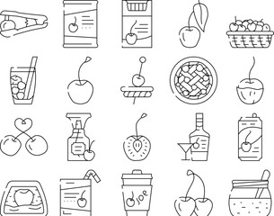 cherry fruit red white berry leaf icons set vector. sour flower, fresh spring branch, blossom sweet food, nature tree, juicy summer ripe cherry fruit red white berry leaf black contour illustrations