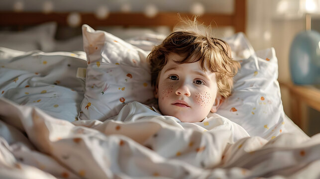Young child with chicken pox playing in bed at home while isolated for quarantine due to illness