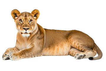 Obraz premium A serene and majestic lioness resting elegantly, showcasing her powerful build and stunning features in natural light.