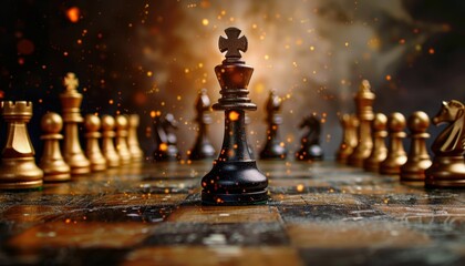 Strategic Chess Match With Flames Erupting Around a Black King Piece on a Vibrant Board