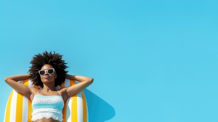 Relaxed woman with afro hair and sunglasses lounging on an inflatable pool float against a bright blue background. Summer vibes and leisure concept.