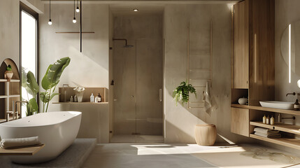 Modern bathroom design with white bathtub and wooden accents, showcasing a minimalist and luxurious spa-like experience. 

