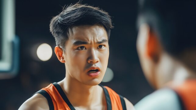 Angry basketball player, a nervous Asian male athlete frowning with an irritated, disapproving facial expression, showing upset and disappointed emotions nervous adult man in a jersey on the court.
