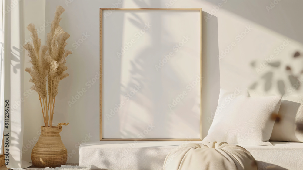 Poster sunlight casting shadows on a blank frame in a cozy minimalist bedroom