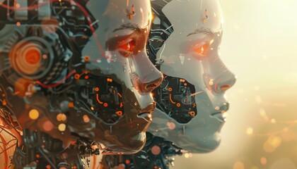 Futuristic Robotics Display Featuring Two Advanced Androids in a Technological Environment at Sunset