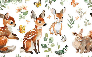 Naklejka premium Cute Watercolor Deer and Bunny Seamless Pattern, Perfect for Baby Nursery Decor, Kids Clothing, and Adorable Woodland Themed Projects. 