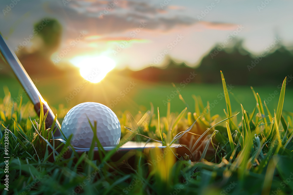 Poster blurred golf club and golf ball close up in grass field with sunset. golf ball close up in golf cour