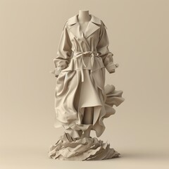Timeless Trench: A chic trench coat flows gracefully on a sculpted mannequin, a study in neutral tones and elegant drapery