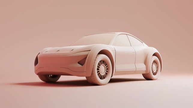 Clay Render: Electric Car - Sleek and modern EV sedan, rendered in minimalist clay style against a matching background.