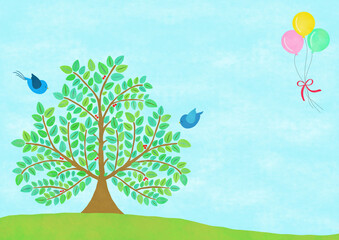 青空に浮かぶ風船と大きな木と青い鳥のイラスト