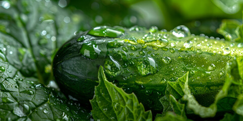 Fresh Dewy Cucumbers with Green Leaves in Garden