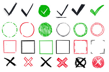 set of checkmark doodle with handrawn boxes, checkbox, yes or no element. 