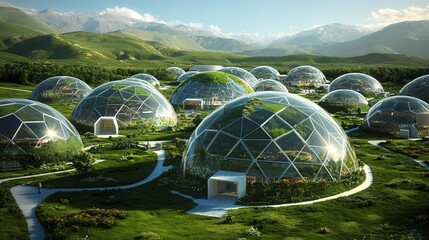 06081453 06 Under a vast, transparent dome, the bio-dome city is a haven of innovation and sustainability. The controlled environment inside supports a rich array of plant and animal life, creating a