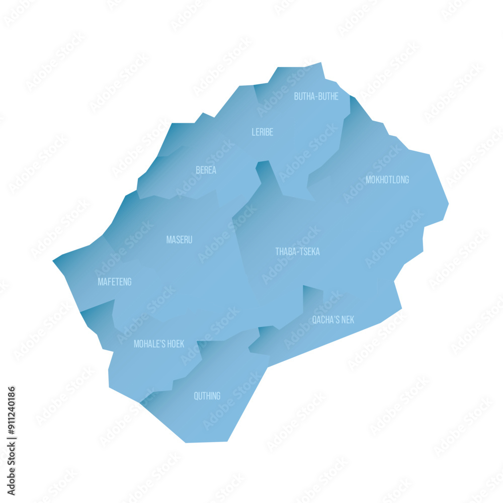 Sticker Lesotho political map of administrative divisions - districts. Shaded vector map with 3D-like blue gradient and name labels