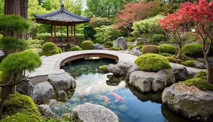 Tuinposter  Peaceful Japanese Zen Garden with Koi Pond  © arbiwtm