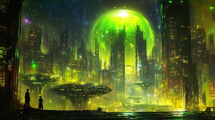The alien urban landscape is a breathtaking fusion of alien technology and organic forms. Massive, twisted skyscrapers rise from the ground, their surfaces adorned with pulsating energy veins and