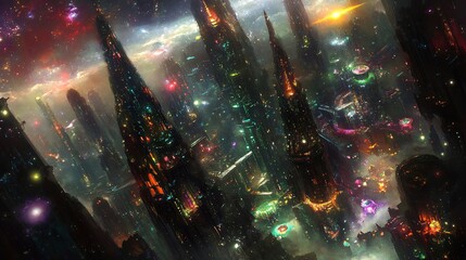 Set in a distant future, the alien urban landscape showcases a cityscape where architecture blends seamlessly with nature. Towering spires with intricate, fractal designs rise from the ground, their