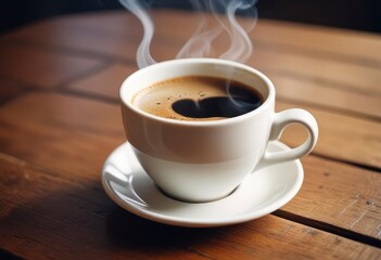 Fototapeta premium Fresh coffee steams on wooden table close up, ai